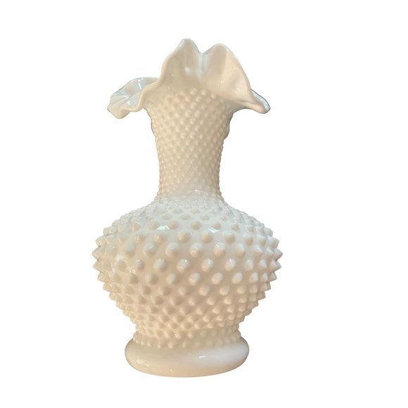 Vintage Fenton Vase Hobnail Milk Glass Bulbous Ruffle 11" White Pre Fenton Mark - Picture 3 of 7